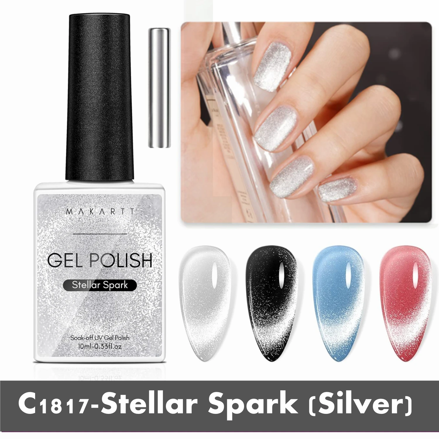 Makartt Cat Eye Gel Nail Polish - 10ml Premium Holographic Magnetic Gel with Magnet Stick, Shimmery Galaxy Effect, Long-Lasting - Image 16